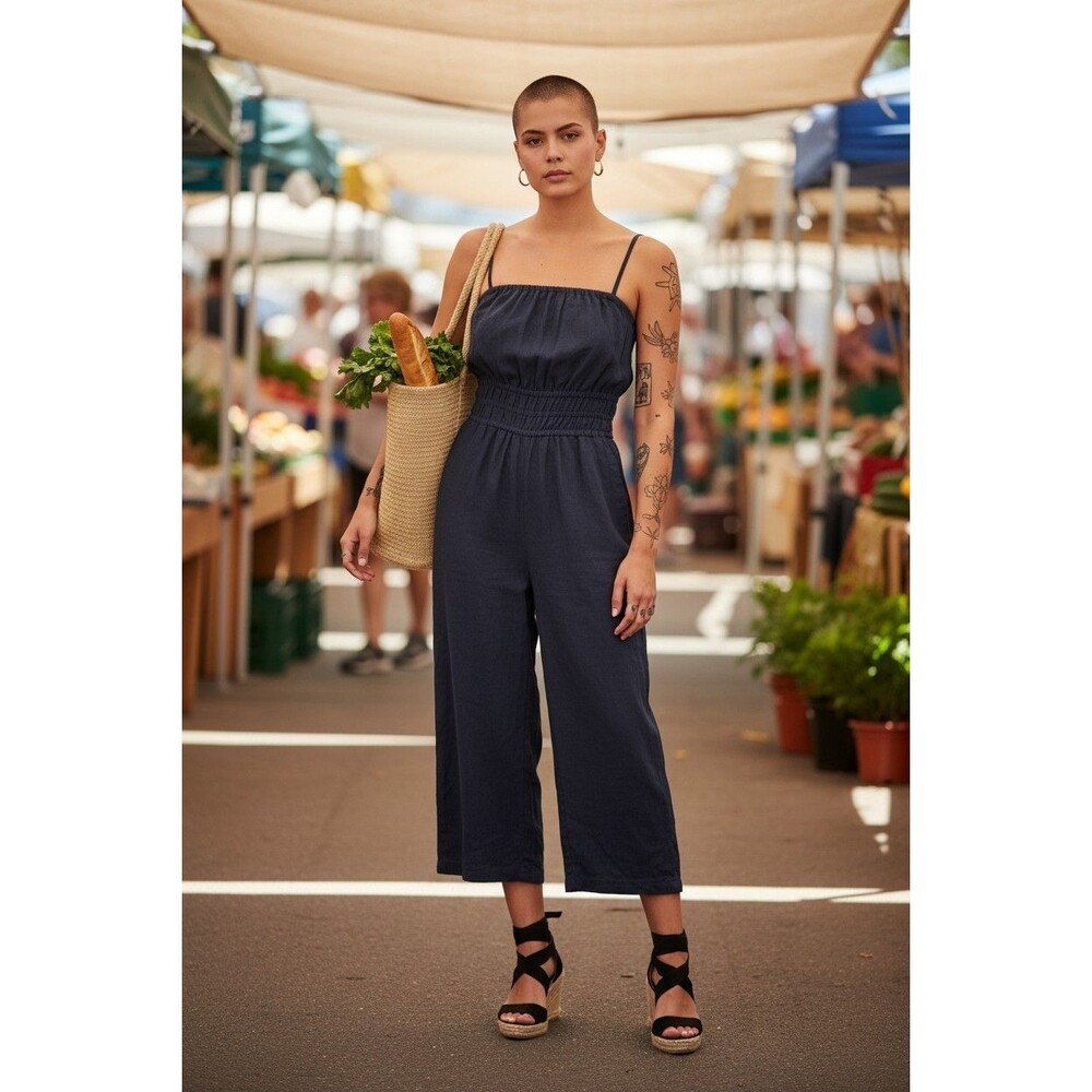 Old Navy Linen Blend Smocked Cami Jumpsuit Womens M Petite Black Cropped Boho
